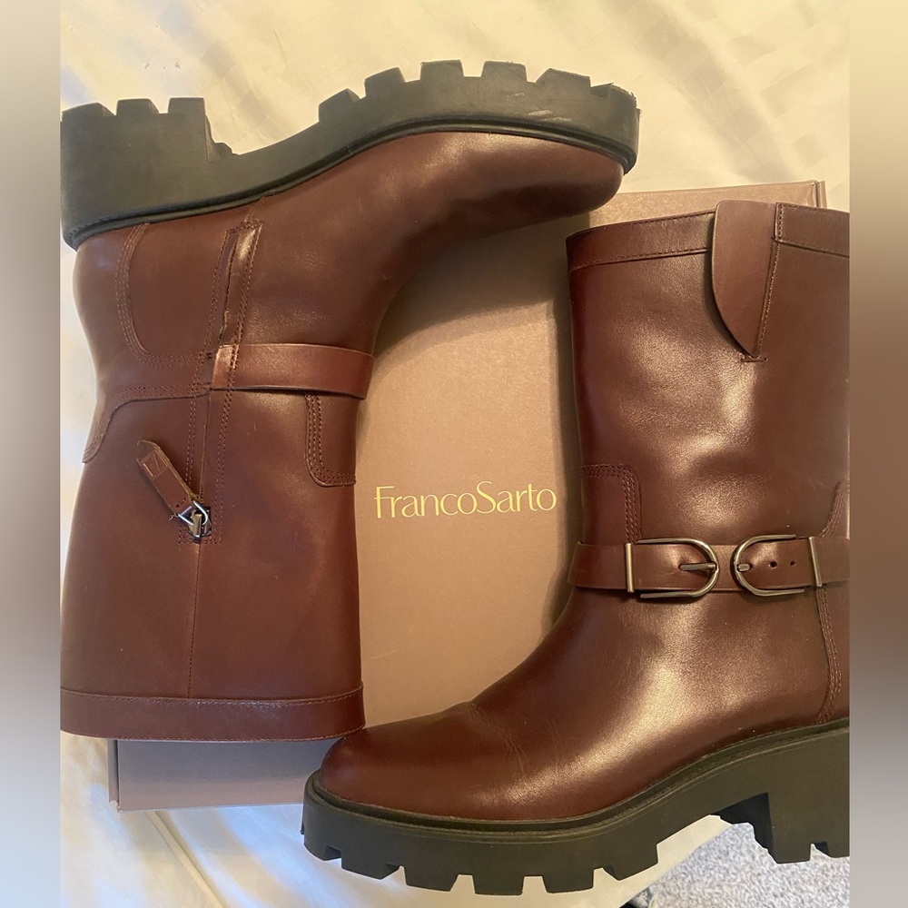Franco Sarto chocolate-brown leather mid-calf moto boots with box. Size 9.